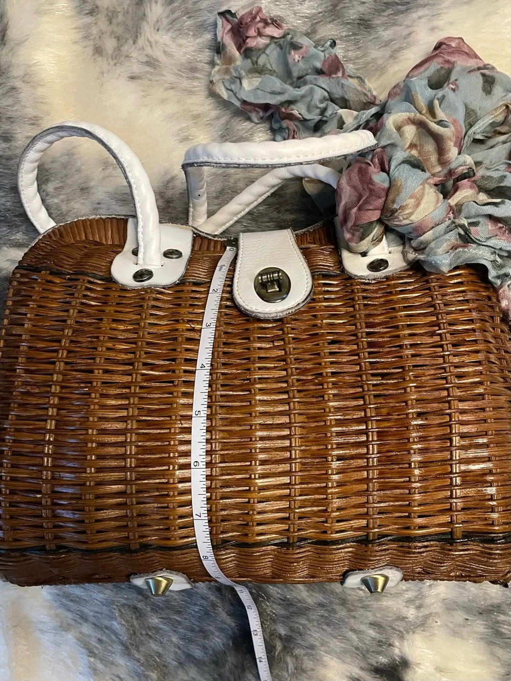 Patricia Nash Tan Wicker Satchel White Leather with Scarf Crossbody